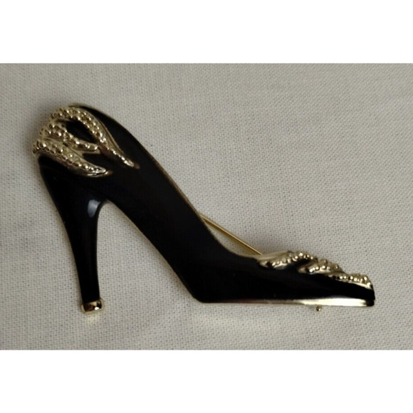 OAJC Black Enamel/Gold Tone High Heel Shoe Brooch Pin - Picture 2 of 6